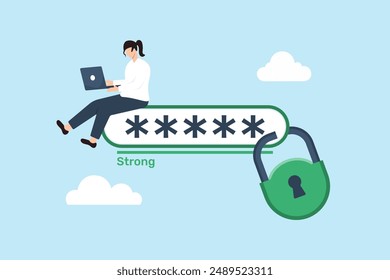 Flat illustration of woman using strong password security with locked padlock