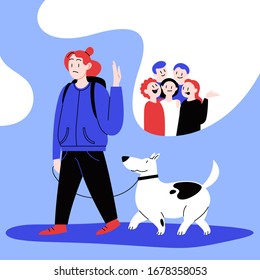 Flat Illustration Of A Woman Walking With A Dog Deciding To Avoid Crowded Place. Covid-19 Prevention. 