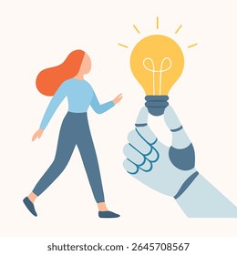 Flat Illustration of Woman Walking Towards a Robot Hand Holding Lightbulb Idea