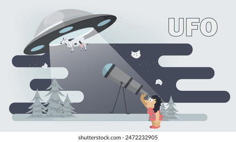 Flat illustration, a woman watching a flying UFO through a telescope