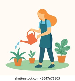 Ilustração plana de uma mulher regando plantas no jardim