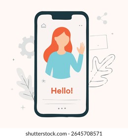 Flat Illustration Woman Waving Hand on Smartphone Screen Application Interface