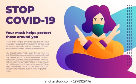 Flat illustration of a woman wearing mask. It's fit for poster, social media post, banner, etc related to covid-19.