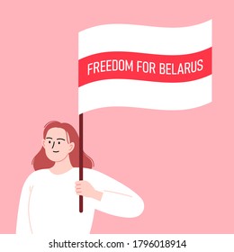 Flat illustration of a woman wearing white clothes holding belarusian red and white flag with a lettering Freedom for Belarus