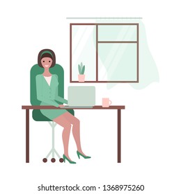 Flat illustration with woman working on laptop. Concept business illustration. Communication network, business concept. People character vector illustration flat design. Notebook illustration.