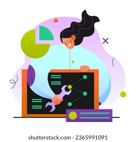 a flat illustration of a woman working on a computer