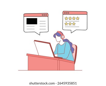 Flat illustration of woman working on laptop with headset, giving customer service or support with feedback, ideal for web, UI, or digital marketing design.