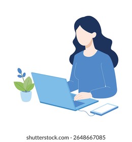 Ilustração plana de uma mulher trabalhando em um laptop com um smartphone ao lado dela na mesa. Conceito moderno de espaço de trabalho representando produtividade e trabalho remoto.