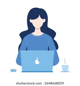 Flat illustration of a woman working on a laptop with a cup of hot coffee beside her. Cozy workspace setup representing remote work or focused productivity.