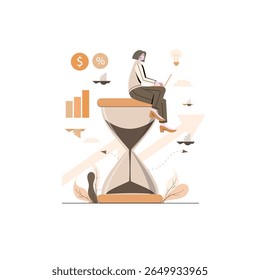 Flat Illustration of Woman Working on Laptop. Flat Design Time Management Concept. Business Time Management
