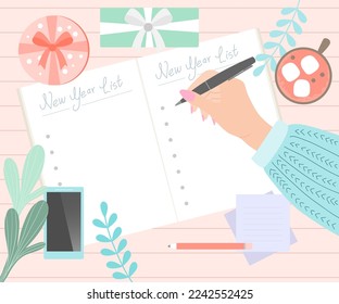 Flat illustration of a woman writing a  new year wish list. A woman hand holds a pen and writes down a list. Write down goals in the notebook.