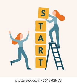 Flat Illustration Women Arranging Blocks to Spell START Word Concept