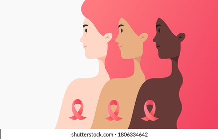 Flat illustration - women of different cultures together against cancer concept. Portrait of three different women and cancer ribbons