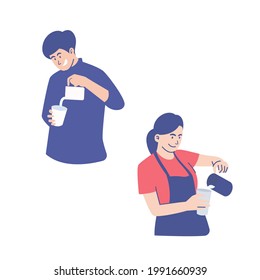 Flat illustration of women pouring beverage on glass, man pouring milk in glass. Two couple Barista vector illustration bundle in isolated white background