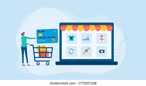 Flat illustration Women shopping online and pay with credit card  