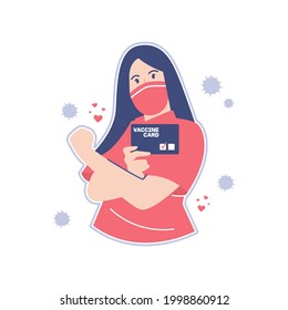 flat illustration of women with vaccine card show protection of imune after vaccination, Corona vaccine concept vector illustration in isolated background, girl after vaccination covid illustration