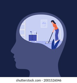 Flat illustration of women with vacuum cleaner cleaning room inside big head.Concept of cleansing and purification of inner space for self healing, mental health purification. Healthy mental Mind