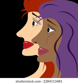 Flat illustration of women's portrait. Cartoon woman head with make up and hairstyle. Womens diversiti poster. 