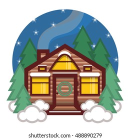Flat illustration of wood cottage interior, front view. Home, starry night, pine trees, cloud, snow