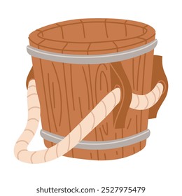 A flat illustration of a wooden barrel with a rope for a bath. Wooden water vats, rustic baths, wooden basin, handmade round barrel for washing, sauna, spa or wine storage bowls, neat vector. steamer