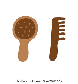 flat illustration of a wooden hairbrush and a wide toothed comb in earthy brown tones