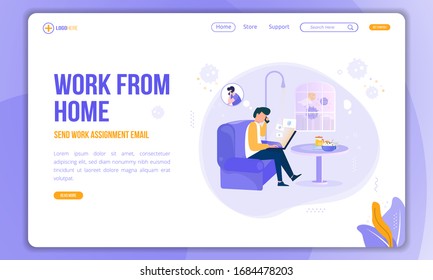 Flat illustration work from home on landing page template