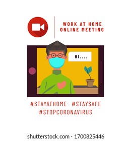 Flache Illustrationsarbeit zu Hause mit Online-Sitzung auf Tablette zur Anhalten von Coronavirus
