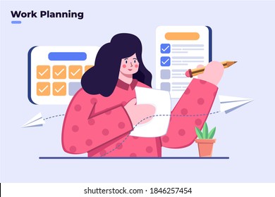 Flat illustration work planning or job planning. Employee making planning  business. Calendar schedule planning concept. Make To-do list. Tasks schedule on the calendar.