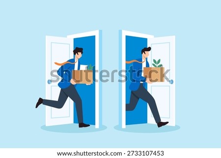 Flat illustration of worker exiting and entering office doors symbolizing staff turnover employee replacement workforce transition resignation hiring cycle and organization change