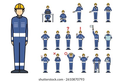 Flat illustration: worker front set outline (blue)