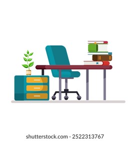 Mesa de trabalho de ilustração plana, com livro e mesa de cabeceira