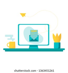 Flat illustration of workplace. On the table is a mono block, a cup of coffee and a plant. From the workplace send a message online. Bright illustration with yellow and blue color. Good working day.