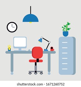 Flat illustration of the workplace with table, red chair, clock, table lamp and computer, made with using soft colors like blue ahd grey