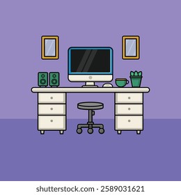 Flat Illustration workspace featuring a computer, desk chair, drawers, speakers, a coffee cup, and a small plant