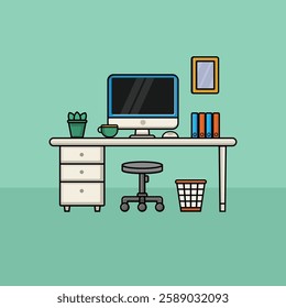 Flat Illustration workspace featuring a computer, chair, drawers, books, a coffee cup, a small plant, and a wastebasket