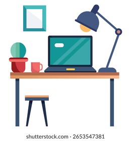 A flat illustration of a workspace featuring a laptop, lamp, plant, coffee mug, and a minimalist stool and framed picture.