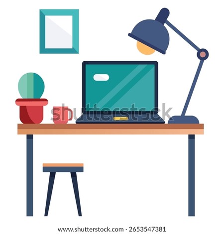 A flat illustration of a workspace featuring a laptop, lamp, plant, coffee mug, and a minimalist stool and framed picture.