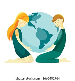 Flat illustration for World Earth Day.Young girl and guy hug our planet.Concept of caring for the planet and protecting the environment.Illustration isolated on white background.Vector eps10