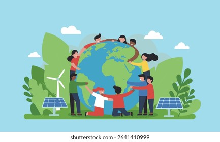 Flat illustration of World Environment Day, symbolizing global unity and environmental protection, green energy elements. Suitable for environmental campaigns, presentations and educational materials.