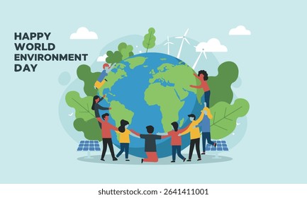 Flat illustration of World Environment Day, symbolizing global unity and environmental protection, green energy elements. Suitable for environmental campaigns, presentations and educational materials.