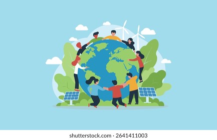 Flat illustration of World Environment Day, symbolizing global unity and environmental protection, green energy elements. Suitable for environmental campaigns, presentations and educational materials.