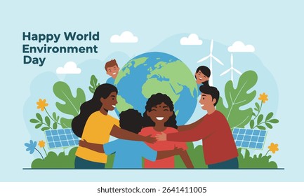 Flat illustration of World Environment Day, symbolizing global unity and environmental protection, green energy elements. Suitable for environmental campaigns, presentations and educational materials.