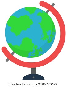 Flat illustration of world globe with stand isolated on white background.