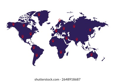 Flat illustration of world map with red location pins. Concept of global navigation, logistics, travel, and worldwide connection. Isolated on white background