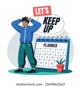 A flat illustration of worried man with a planner 