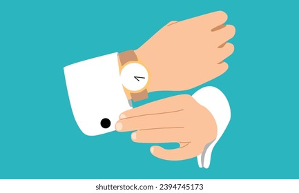 flat illustration of wristwatch on the hand of businessman in suit. Time on wrist watch