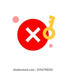 Flat illustration of wrong password notification pop up. red cross and key, incorrect password input. Simple ui design for login error alerts, security messages, and authentication failure concept