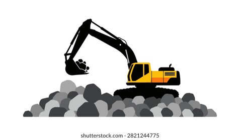 A flat illustration of a yellow construction excavator moving a pile of stones on a white background