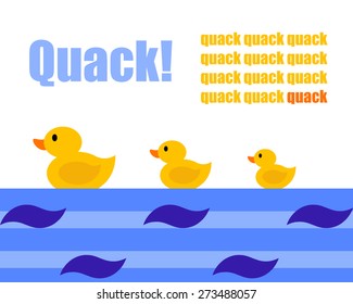 Flat illustration of yellow ducks in water with text "quack". Elements for design.