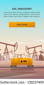 Flat Illustration Yellow Rail Tanker Oil Industry. Vector Banner Transport for Transportation Petroleum Products Railway Freight Car. Crude Oil Production Plant. Derrick. Global Business Company